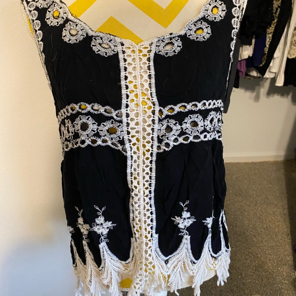 Black and White Crochet Trim Top
